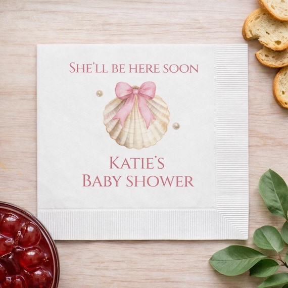 Coastal Baby Shower Napkins with Bow Shell | She’ll Be Here Soon Napkins | Personalized Baby Shower Cocktail Napkins | Beach Baby Shower