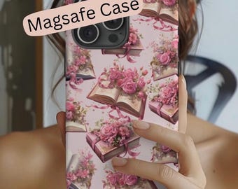 Funda para iPhone MagSafe con estampado floral rosa, funda para teléfono para amantes de los libros, funda con estética coqueta, regalo para bibliófilos, bonita funda floral rosa para teléfono