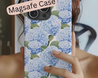Hydrangea iPhone Case – Blue Floral Tough Case, MagSafe Compatible Protective Phone Cover