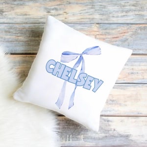 INCLUDES INSERTS Personalized Blue Bow Pillow, Custom Name Decor Toddler Girl Bedroom Decor Baby Girl Nursery Grandmillennial  Elegant Room