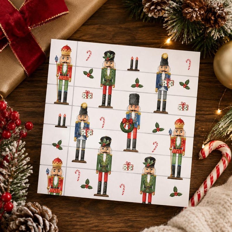 May include: A square white card featuring a repeating pattern of illustrated nutcrackers in red, green, and blue uniforms, interspersed with small gift boxes, holly sprigs, and candy canes arranged in a grid-like layout on a light background.