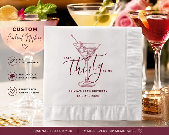 Talk Thirty To Me Napkins | Custom 30th Birthday Cocktail Napkins | Dirty 30 Party Napkins | Personalized Milestone Birthday Decorations
