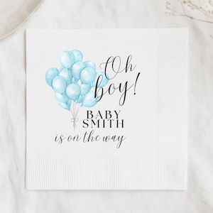 Custom Oh Boy Baby Shower Napkins for Boy, Personalized Baby Boy Party Cocktail Napkins, Blue Script Baby Shower Decor, Printed Napkins