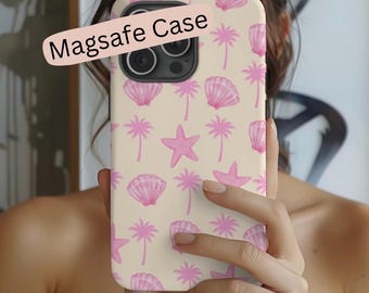 Pink Beach iPhone Case MagSafe, Seashell Phone Case, Summer Coastal Aesthetic Case, Palm Tree iPhone Case, Cute Pink Tropical Phone Cover