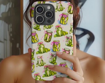 Pickle Jar Phone Case: Pink Bows, Quirky Foodie Gift