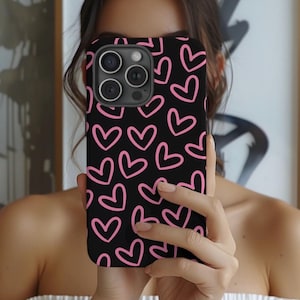 Black Phone Case: Hot Pink Hearts, Dual Layer Protective Design