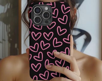 Black iPhone Case – Hot Pink Hearts Design, Cute Girly Dual-Layer Protective Phone Cover