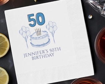 Benutzerdefinierte 50. Geburtstags-Servietten, personalisierte Cocktail-Servietten, Meilenstein-Geburtstags-Party-Dekor, benutzerdefinierte Name Alter Servietten, Prost auf 50