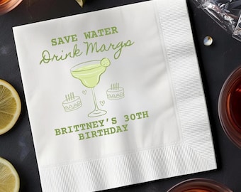 Save Water Drink Margs Napkins, Margarita Cocktail Napkins, Fiesta Party Decor, Bachelorette Birthday Napkins, Tequila Party Custom Napkins