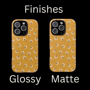 May include: Two iPhone cases with a dandelion pattern, one with a glossy finish and the other with a matte finish. The text "Finishes" is above the cases, and the text "Glossy" and "Matte" are below the cases.