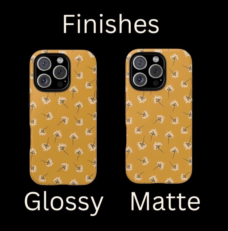 May include: Two iPhone cases with a dandelion pattern, one with a glossy finish and the other with a matte finish. The text "Finishes" is above the cases, and the text "Glossy" and "Matte" are below the cases.