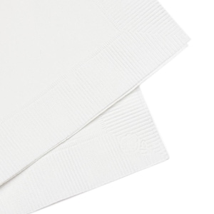 May include: Two stacked white paper napkins featuring a smooth center panel and a textured, ribbed border along the edges. The napkins are square in shape and display a clean, minimalist design with a subtle embossed detail in the corner.