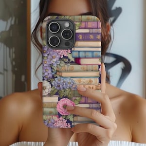 Floral Bookcase Phone Case Vintage Bookish Flower Aesthetic, Unique Phone Cover for Iphone 16 15 14 13 Galaxy Pixel Phones, Book Lover Gift