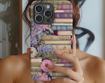 étui pour portable bibliothèque vintage à fleurs | Esthétique livresque iPhone 16 15 14 13 | Housse unique pour téléphone Galaxy Pixel | Idée cadeau pour les amoureux des livres