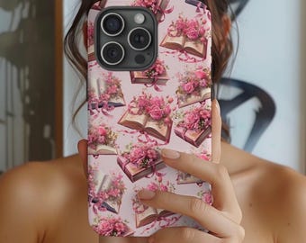 Coque de portable rose florale : design vintage pour les amoureux des livres