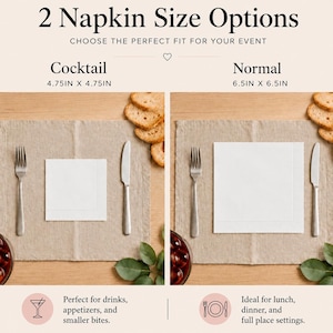 May include: A comparison graphic showing two white square napkins. The left side displays a cocktail napkin measuring 4.75 inches by 4.75 inches. The right side displays a normal napkin measuring 6.5 inches by 6.5 inches, both set on a table.