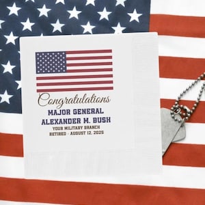 Servilletas de cóctel personalizadas para la jubilación militar, con bandera estadounidense, rama y nombre personalizados, decoración para fiesta de jubilación de veteranos.