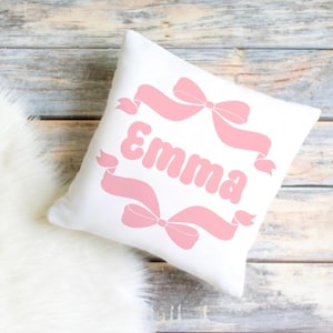 Personalized Girls Name Pillow with Pink Bow, Custom Name Pillow, Cute Coquette Decor for Girls Bedroom, Pink Bedding Throw Pillow for Girls