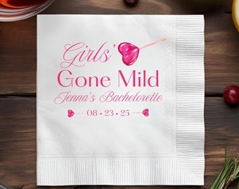 Girls Gone Mild Bachelorette Napkins Personalized, Custom Cocktail Napkins Bridal Shower, Funny Bach Party Decor with Names Date