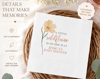 Wildflower Baby Shower Napkins | Floral Baby Shower Napkins for Girl | Custom Cocktail Napkins | Personalized Baby Shower Party Decor