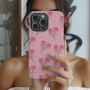 Trendy Coquette Pink Floral Phone Case for Iphone 16 15 14 13 12 Pro Max, Girly Bows Case, Samsung Galaxy Cases, Gift for Her, Preppy Case