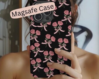 Etui na iPhone'a Black Coquette Pink Rose: Floral Bow Magsafe Tough Case