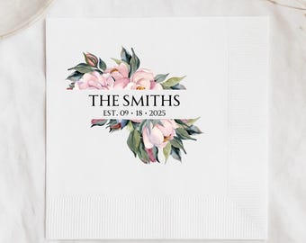 Personalized Wedding Cocktail Napkins, Floral Wedding Napkins, Custom Wedding Reception Napkins, Bridal Shower Decor