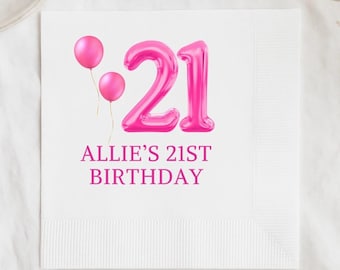 Personalized 21st Birthday Napkins, Pink Birthday Cocktail Napkins, Custom 21 Birthday Party Decor, Elegant Twenty First Beverage Napkins