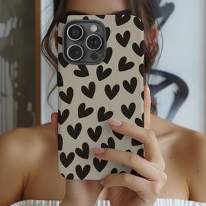 Trendy Tan Phone Case with Black Hearts Cute and Stylish Heart Pattern Phone Cover for Iphone Pro Max 16 15 14 13 12 Cute Android