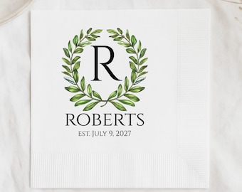 Wedding Monogram Napkins Personalized, Custom Wedding Cocktail Napkins, Greenery Wreath Wedding Reception Bar Decor