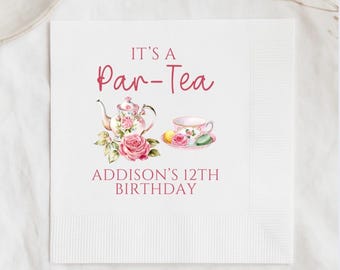 Personalized Tea Party Napkins | Floral Teapot Birthday Napkins | Girls Tea Party Decor | Custom Pan-Tea Party Napkins | Kids Birthday Party