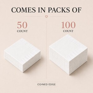 May include: Two stacks of square white paper napkins with a coined edge. The text reads COMES IN PACKS OF, 50 COUNT, 100 COUNT, and COINED EDGE. The stacks are shown in two different quantities, representing a 50 count and a 100 count pack size.