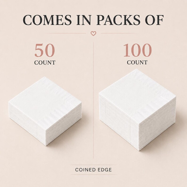 May include: Two stacks of square white paper napkins with a coined edge. The text reads COMES IN PACKS OF, 50 COUNT, 100 COUNT, and COINED EDGE. The stacks are shown in two different quantities, representing a 50 count and a 100 count pack size.