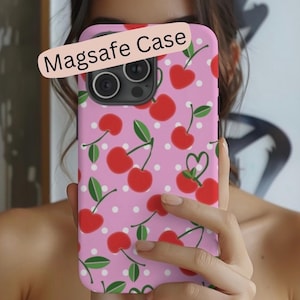 Pink Magsafe Phone Case with Cherries Magsafe Iphone Case, Trendy Magsafe Case for Iphone 16 15 14 Magsafe Case, Gift for Her, Cute Case