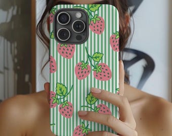 Strawberry Stripe Phone Case, Pink Coquette Aesthetic iPhone Case, Strawberry iPhone 17 16 15 14, Galaxy S25 S24 Pixel