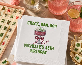 ¡Crack, Bam, Dot! Servilletas de cumpleaños personalizadas de Mahjong: servilletas de cóctel personalizadas para fiestas temáticas de juegos o cumpleaños con temática de Mahjong.