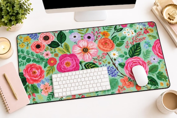 Floral Desk Mat, Large Mouse Pad, Cute Office Desk Decor, Extended Gaming Mouse Pad, Pink Flower Desk Pad, Teacher Gift