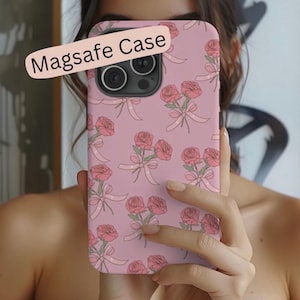 Magsafe Trendy Coquette Pink Rose Floral Phone Case for Iphone 16 15 14 Pro Max, Girly Bows Phone Case, Gift for Her, Teen Girl Phone Case