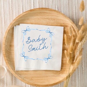 Custom Baby Blue Bow Napkins – It’s a Boy Baby Shower Cocktail Napkins, Personalized Baby Shower Decor for Boys, Elegant Luncheon Napkins
