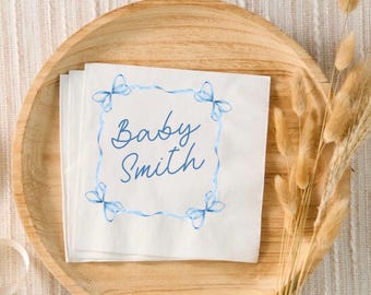 Gepersonaliseerde babyshowerservetten blauwe strik | Aangepaste cocktailservetten babynaam | Elegante flirtstrik decoratie babyshower | Douchetafel jongens
