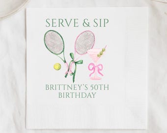 Servilletas para fiestas de tenis "Serve and Sip", decoraciones personalizadas para cumpleaños con temática de tenis, servilletas para cócteles de tenis.