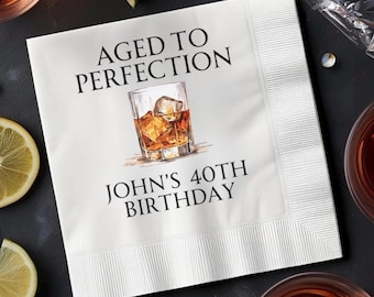 Aged to Perfection Napkins | Custom Whiskey Birthday Cocktail Napkins | Personalized Milestone Party Napkins | Funny Bar Party Decor