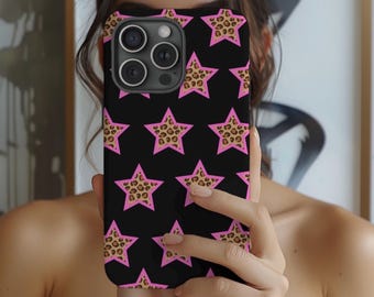 Funda de teléfono con estampado de leopardo y estrellas en rosa intenso, bonita y femenina, para iPhone 17, 16, 15 y 14, Galaxy S25, S24 y S23.