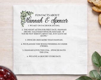 May include: White paper napkin with the text "FUN FACTS ABOUT Hannah & Spencer" and a list of fun facts about the couple. The napkin has a floral design in the upper left corner. The napkin is surrounded by food.