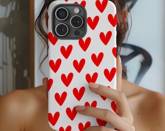 Trendy Red and White Minimalist Hearts Phone Case, Valentines Phonecase Cute and Stylish Phone Cover for Iphone Pro Max 16 15 14 13 Android