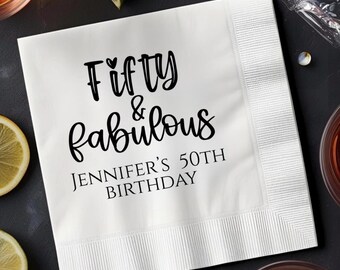 50th Birthday Napkins Personalized, Fifty & Fabulous Cocktail Napkins, Custom 50th Birthday Party Decor, Cheers to 50 Years