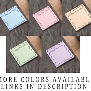 May include: A collection of square sticky notes in various pastel colors: light blue, pink, beige, green, and purple. Each note has a wavy border and the text "chatgpt this later". The image also includes the text "MORE COLORS AVAILABLE LINKS IN DESCRIPTION".