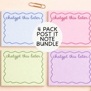 以下が含まれることがあります： 青、ピンク、緑、紫のパステルカラーの付箋4枚セット。それぞれに波型のボーダーと「chatgpt this later」の文字が入っています。ゴールドのクリップとペンも写っています。