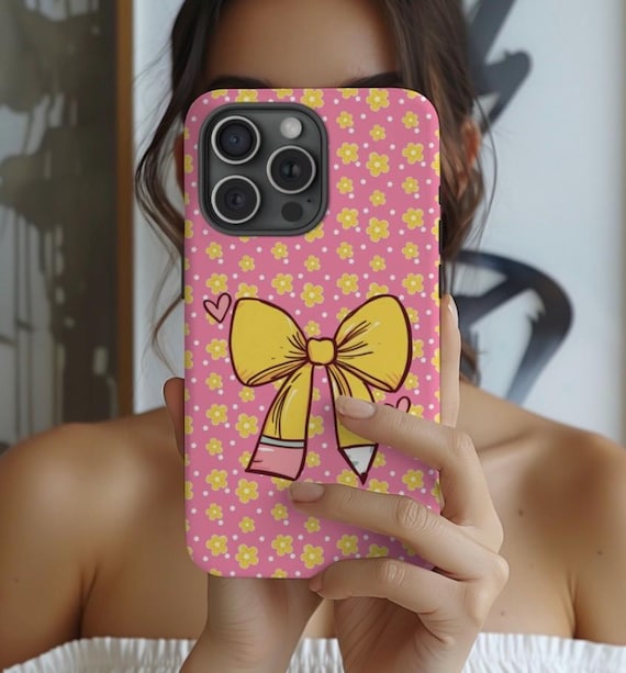 Teacher Phone Case, Coquette Pencil Bow Aesthetic Case, Cute Retro Teacher Gift for iPhone 16 15 14, Galaxy Pixel
