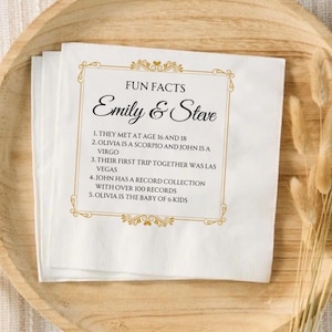 Custom Fun Facts Napkins for Wedding Anniversary Engagement Personalized Party Napkins, Cocktail Napkins, Beverage Luncheon Disposable Decor